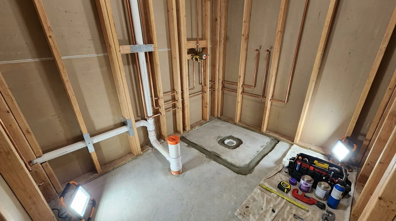 Bathroom rough-in plumbing during remodel by Johns Plumbing LLC in Corrales