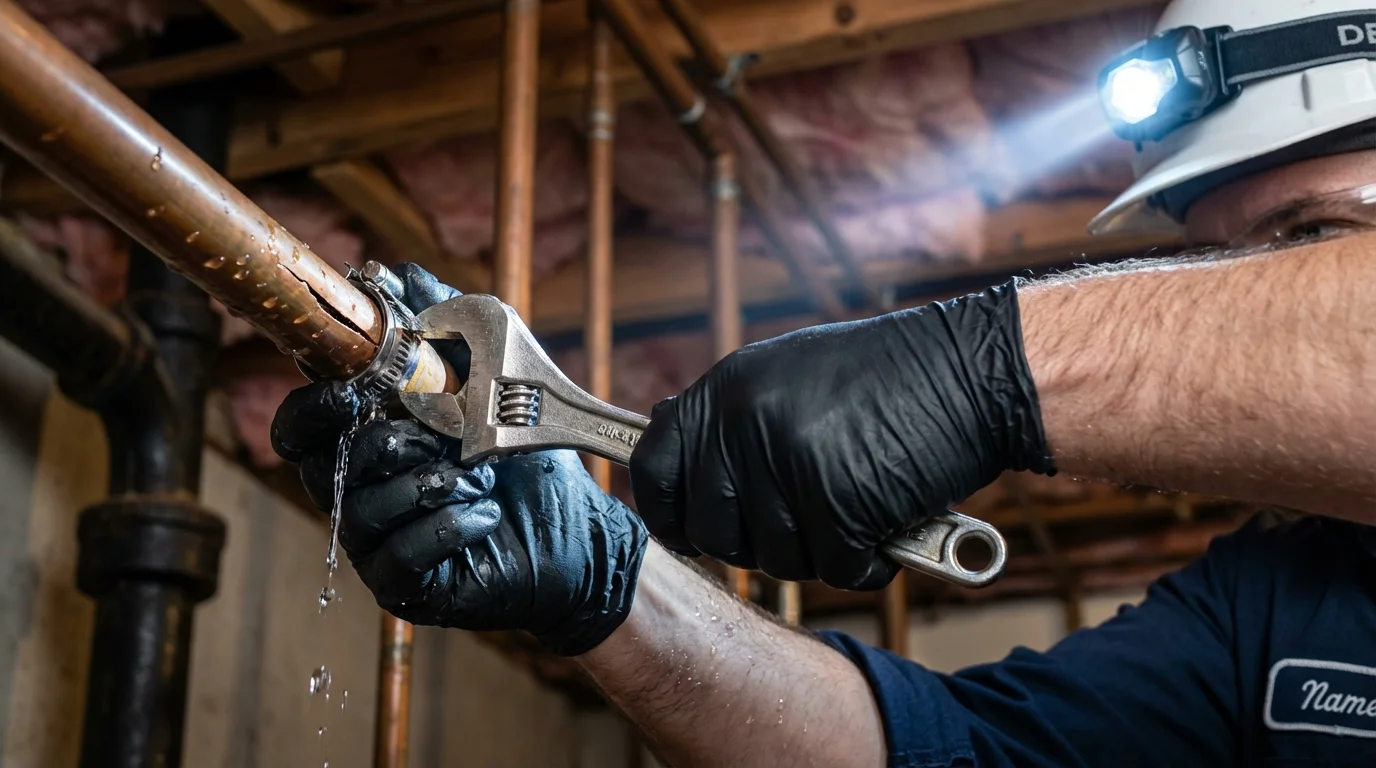 Emergency pipe clamp repair being performed by a Johns Plumbing LLC plumber in Corrales