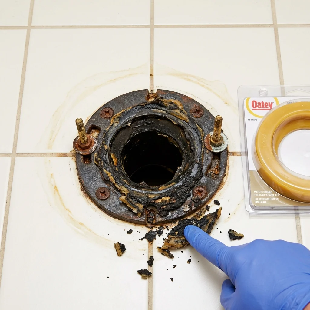 Failed wax ring showing water seepage at the base of a toilet in a Corrales, NM home