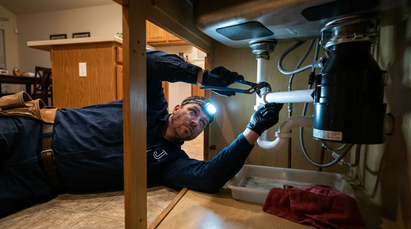 P-trap and supply line connections under a kitchen sink showing a common leak point in Corrales, NM